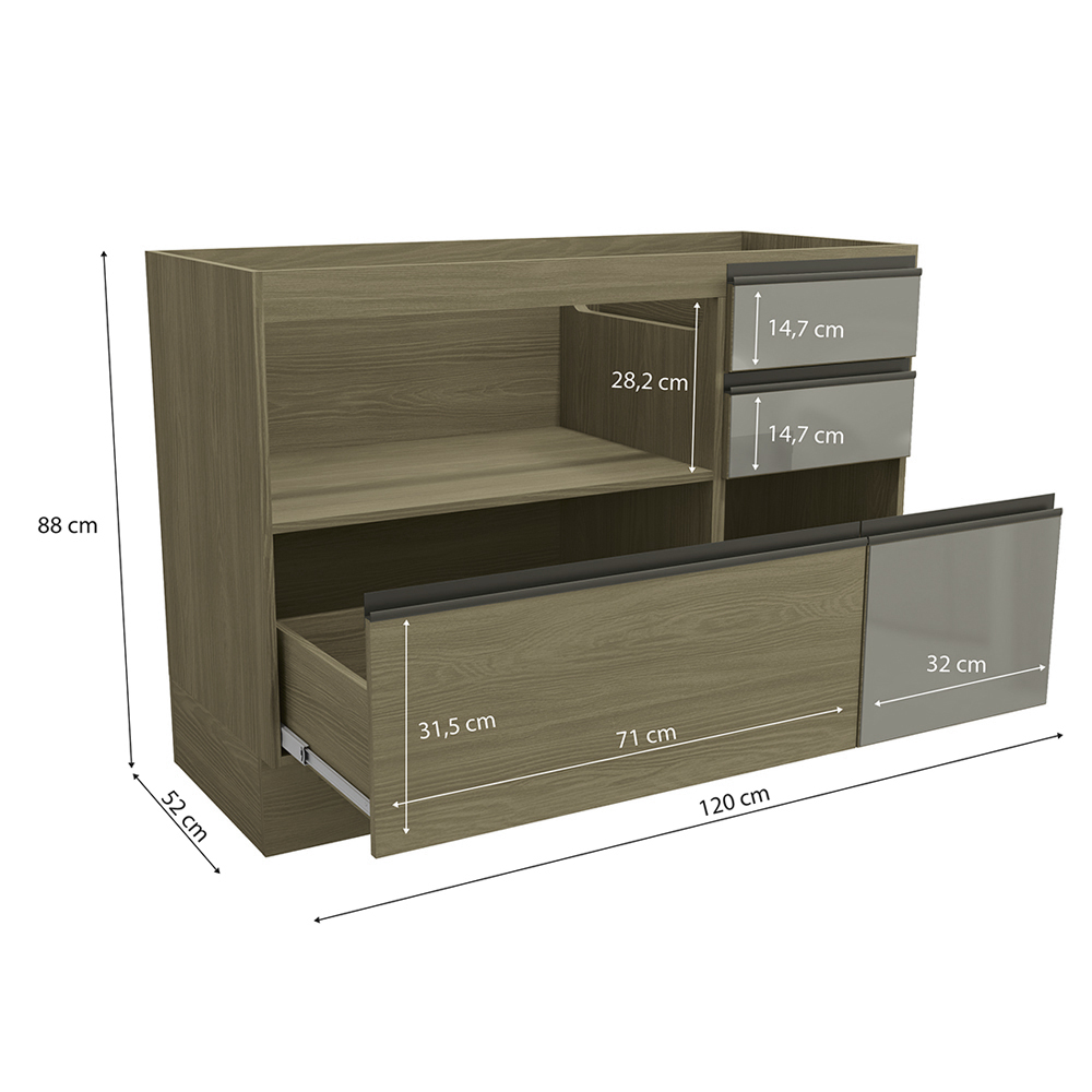 Balcao Pia Sem Tampo 1P Vidro 4G 120 cm Maxxi G747 Nogal Kappesberg