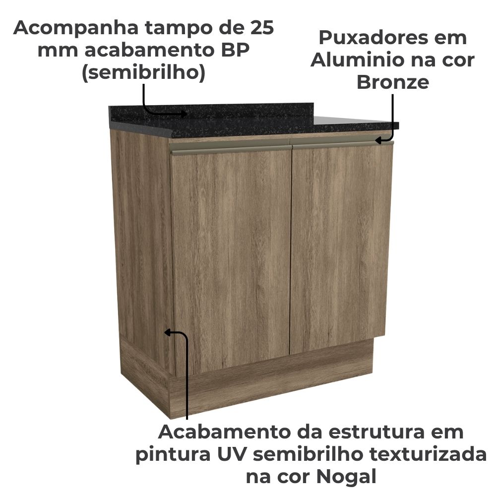 Balcao Tampo 2 Portas 80 cm Maxxi G744 Nogal Preto Kappesberg