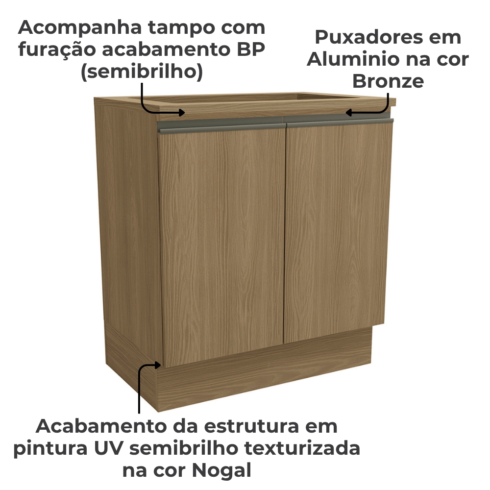 Balcao Tampo Cooktop 2 Portas 80 cm Maxxi G744 Nogal Kappesberg