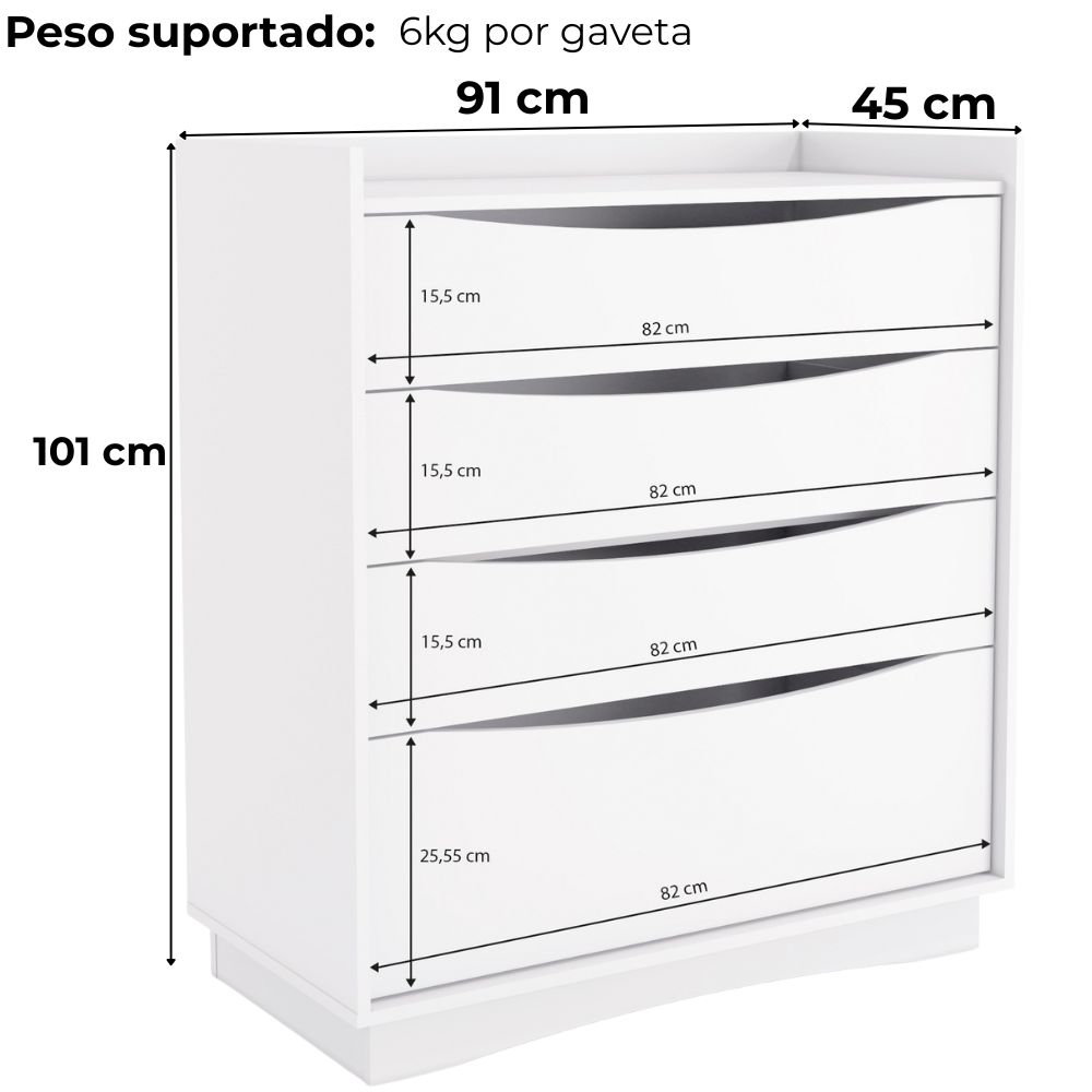 Comoda 4 Gavetas 02 Mesas de Cabeceira 2G M26061 Branco Kappesberg