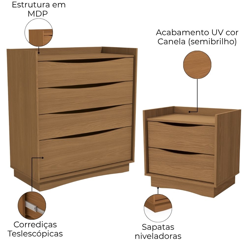 Comoda 4 Gavetas 02 Mesas de Cabeceira 2G M26061 Canela Kappesberg