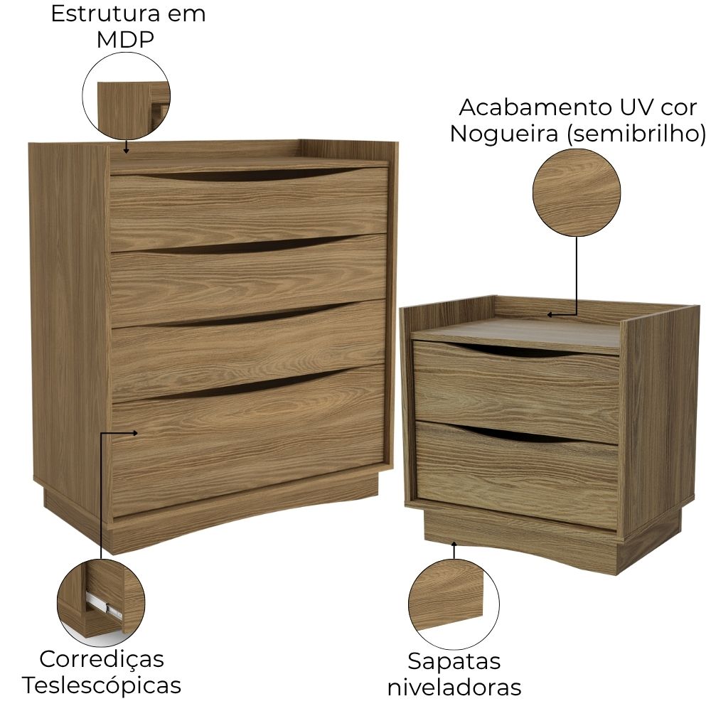 Comoda 4 Gavetas 02 Mesas de Cabeceira 2G M26061 Nogueira Kappesberg