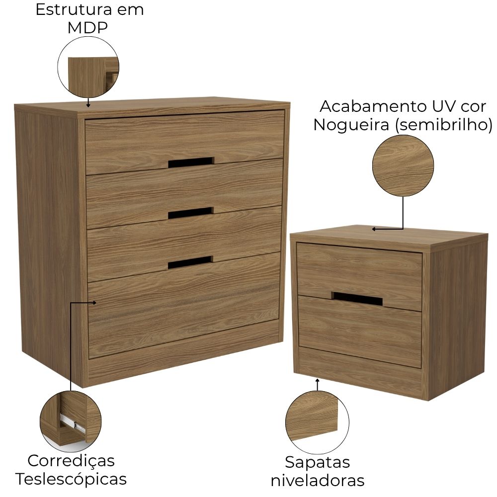 Comoda 4 Gavetas 02 Mesas de Cabeceira 2G S82224 Nogueira Kappesberg