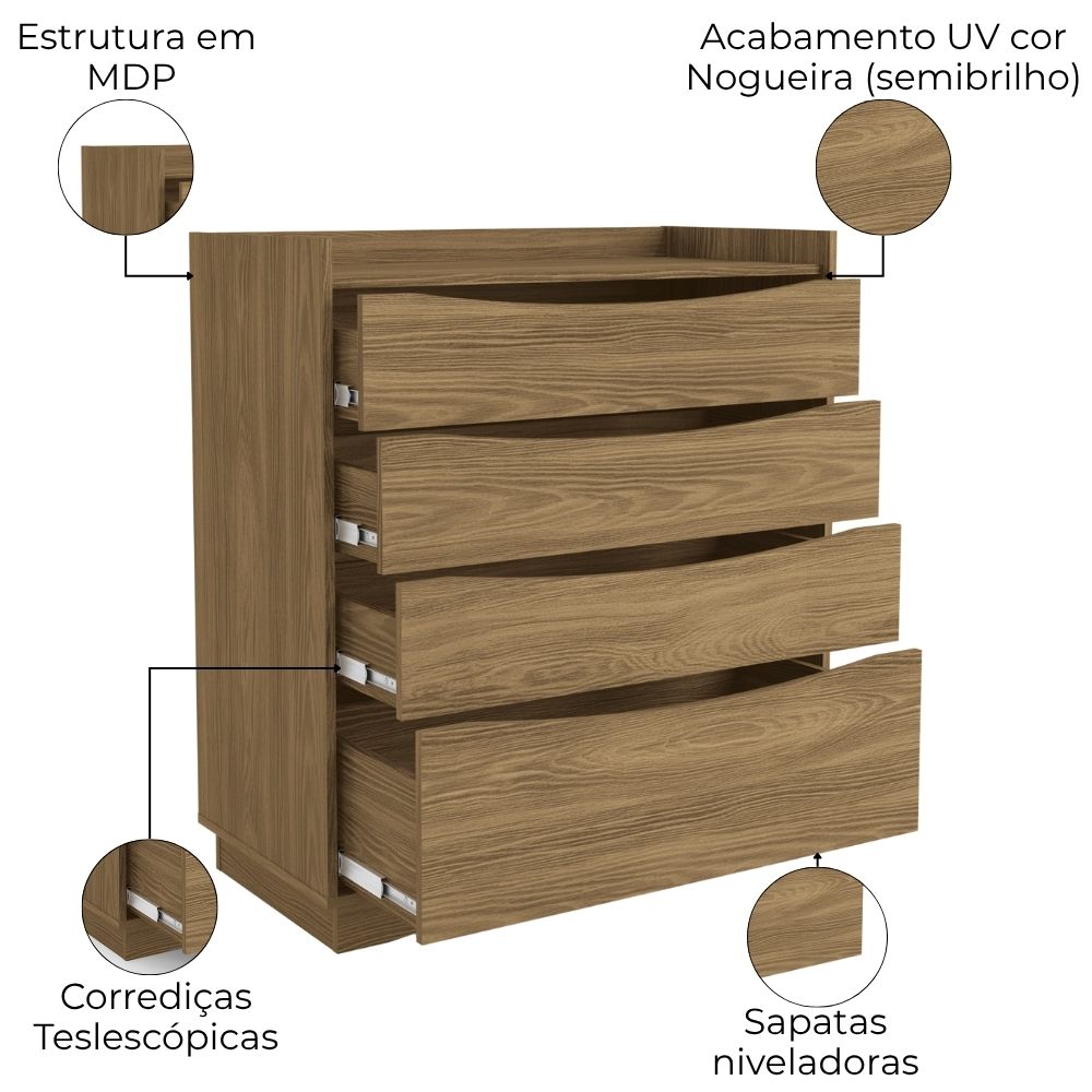Comoda 4 Gavetas 91 cm M260 Nogueira Kappesberg