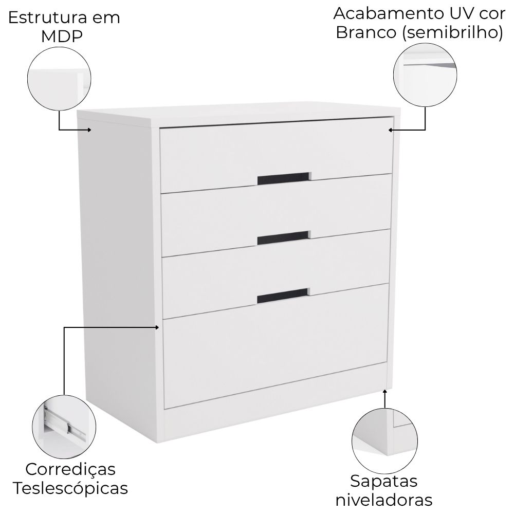 Comoda 4 Gavetas 91 cm S824 Branco Kappesberg