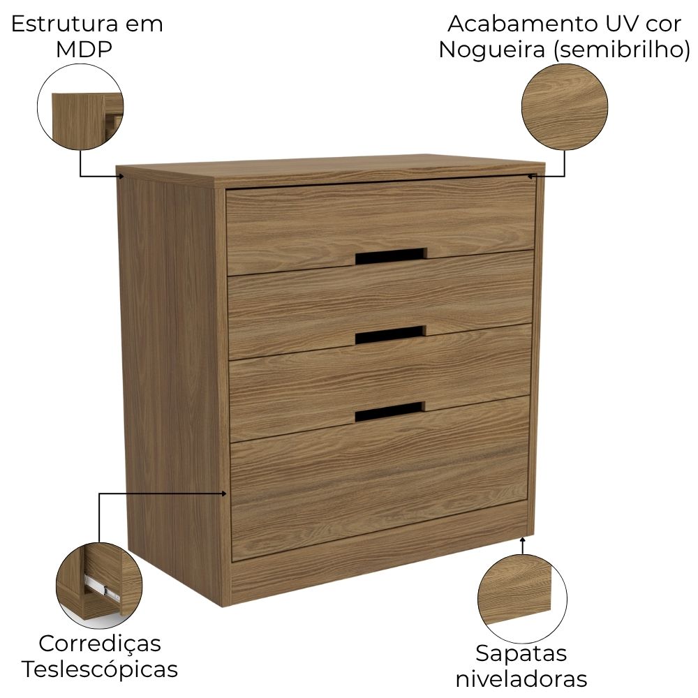 Comoda 4 Gavetas 91 cm S824 Nogueira Kappesberg