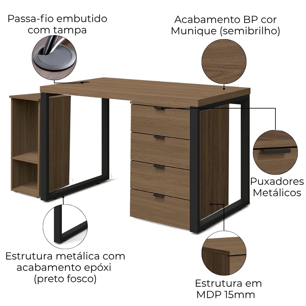 Conjunto Escritorio Industrial 3 Peças 120 cm Frame Munique Kappesberg
