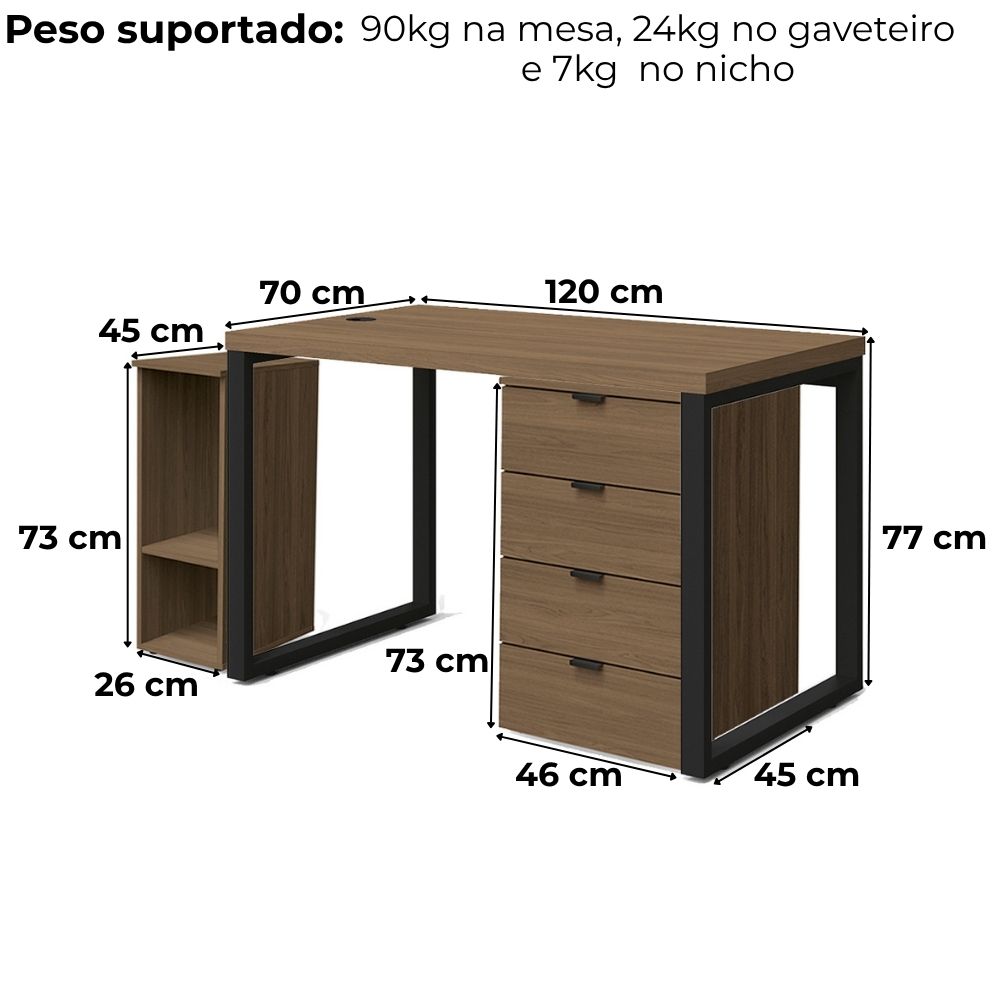 Conjunto Escritorio Industrial 3 Peças 120 cm Frame Munique Kappesberg