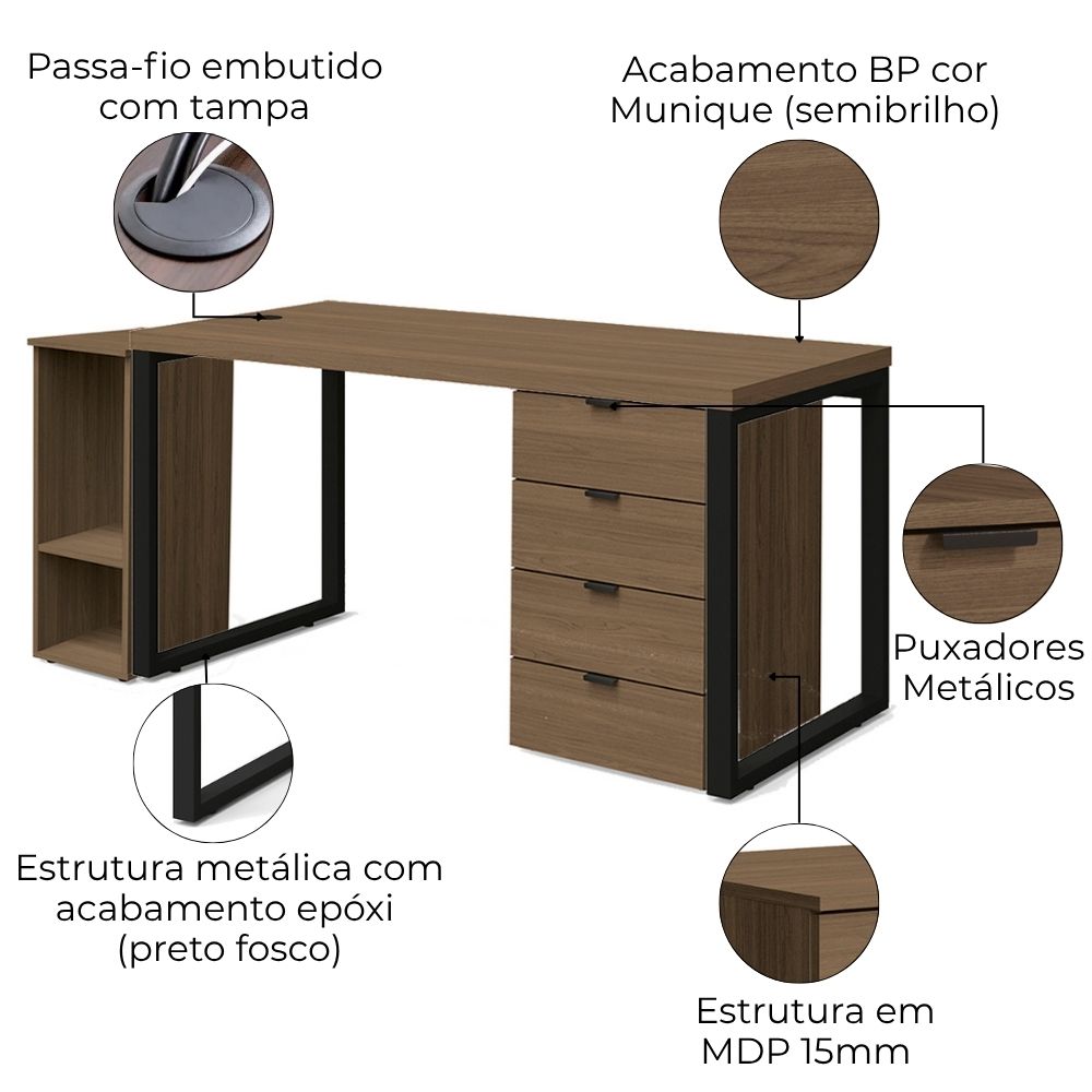Conjunto Escritorio Industrial 3 Peças 150 cm Frame Munique Kappesberg