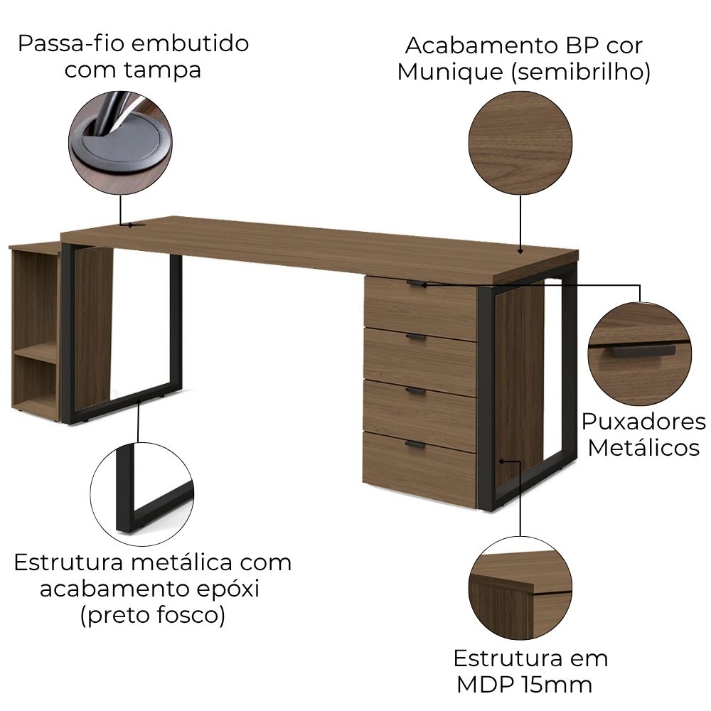 Conjunto Escritorio Industrial 3 Peças 190 cm Frame Munique Kappesberg