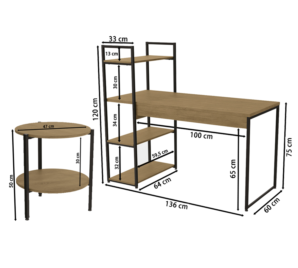 Conjunto Escritorio Mesa Escrivaninha E Mesa Lateral Industrial Crome 18 Freijo Preto kappesberg