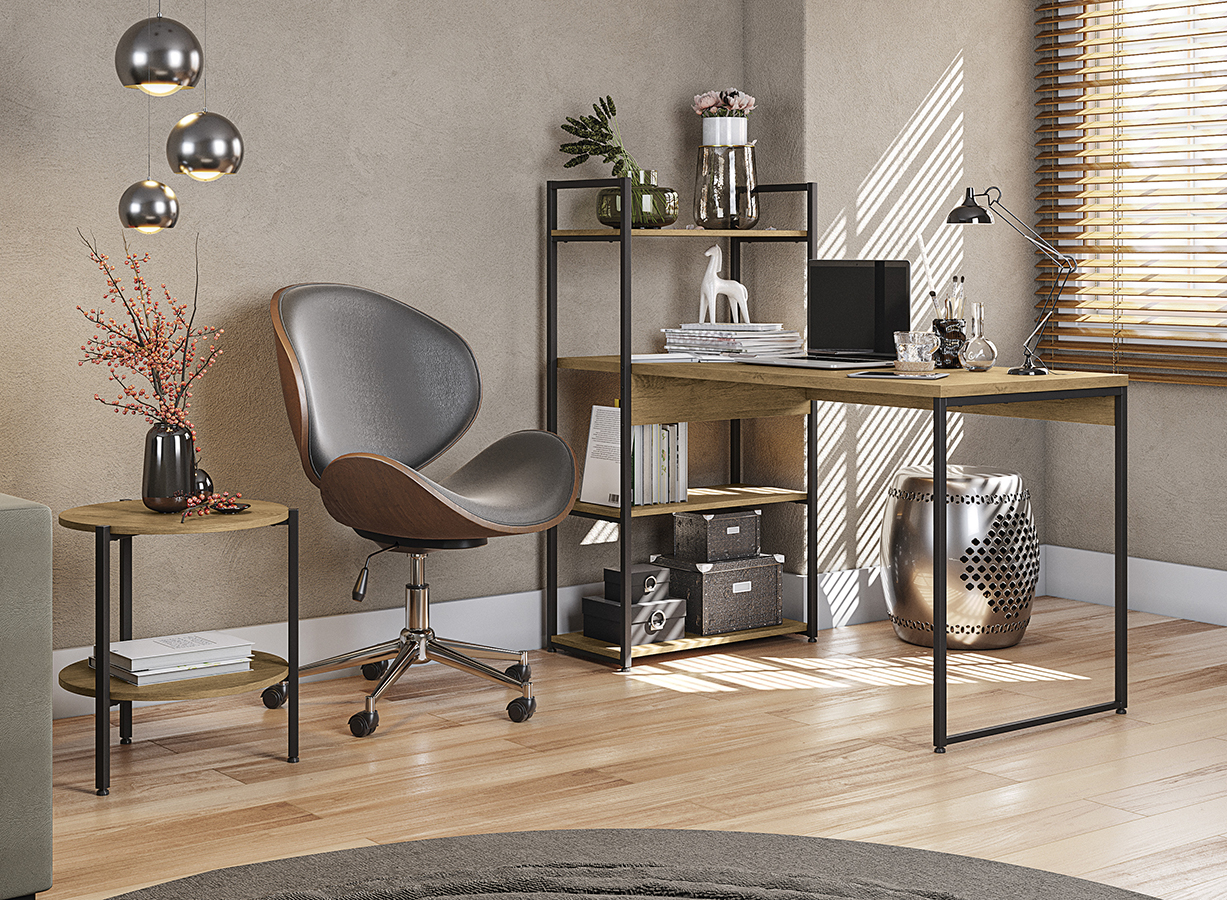 Conjunto Escritorio Mesa Escrivaninha E Mesa Lateral Industrial Crome 18 Freijo Preto kappesberg