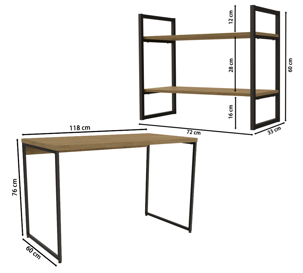 Conjunto Escritorio Mesa e Nicho Industrial Crome 02 Freijo Preto kappesberg