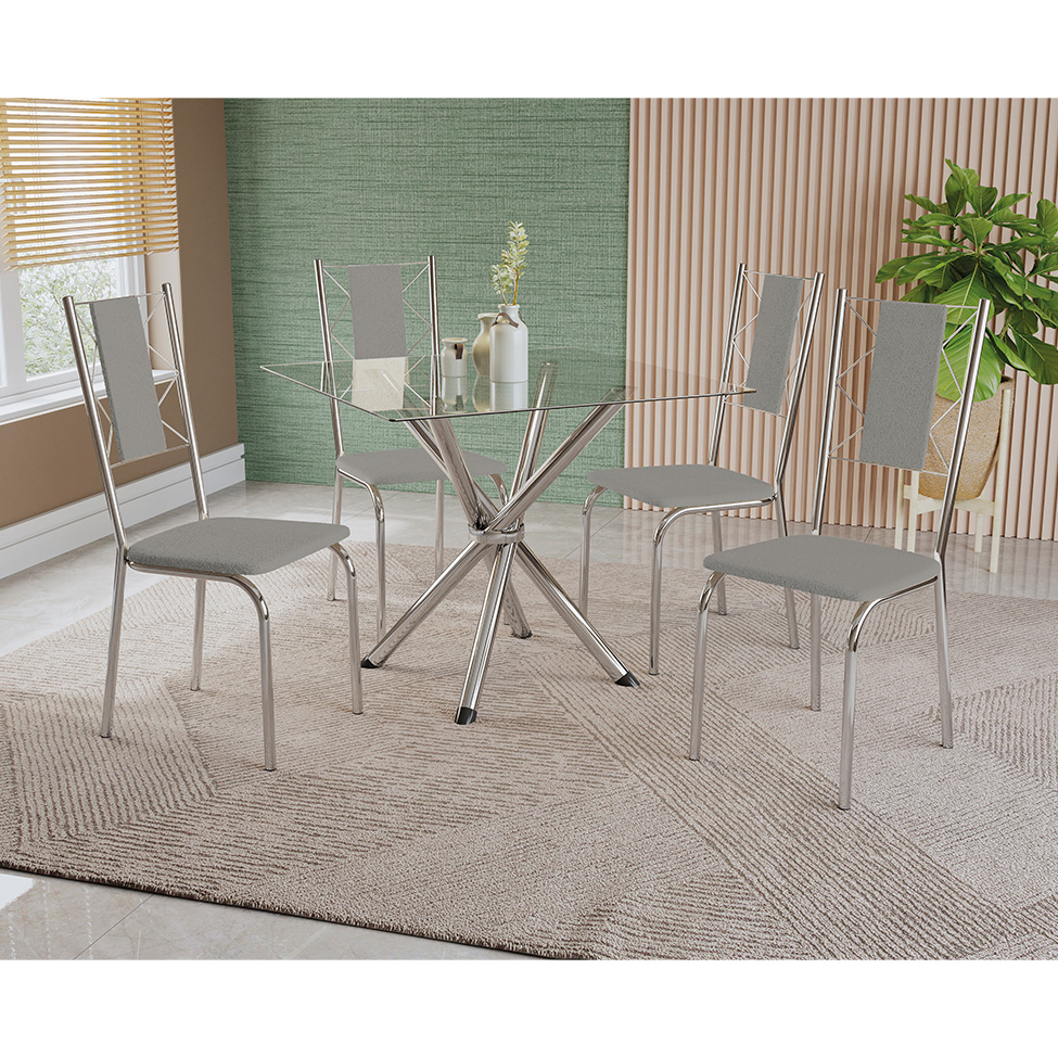 Conjunto com 4 Cadeiras Lisboa Veludo Cinza Claro e Cromado
