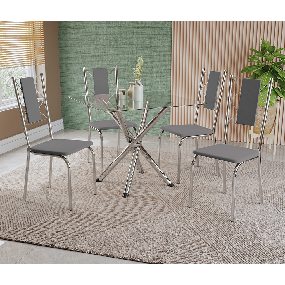 Conjunto com 4 Cadeiras Lisboa Veludo Cinza e Cromado
