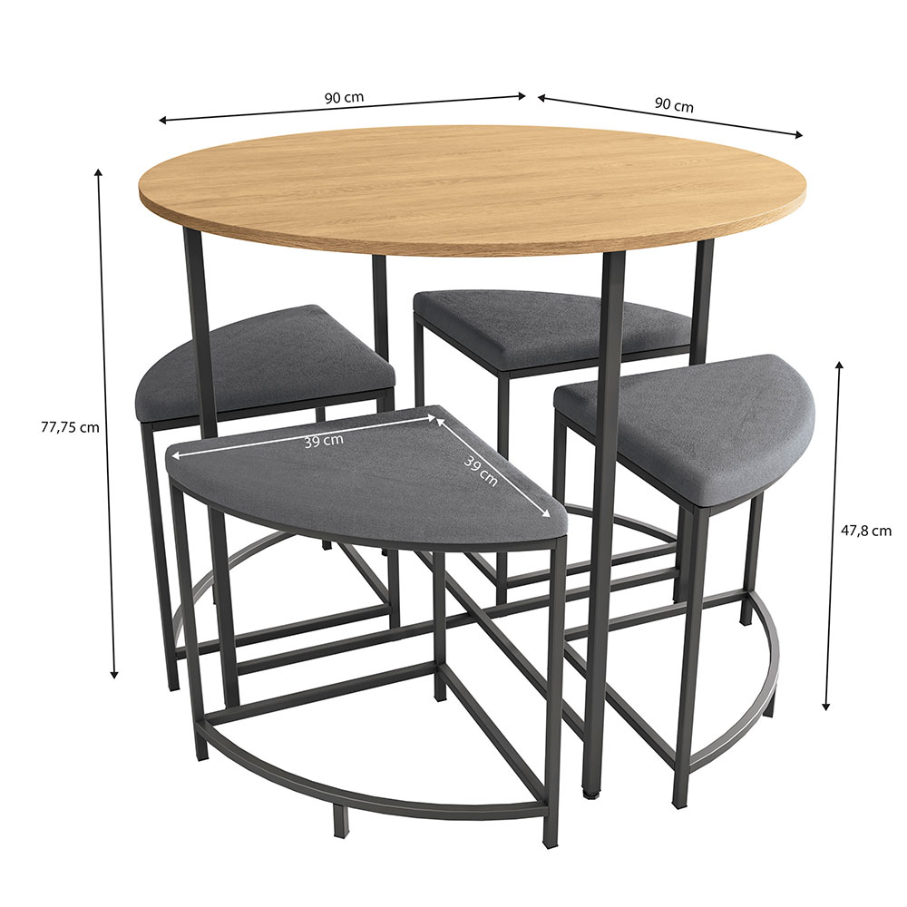 Conjunto de Mesa Redonda Industrial com Tampo MDP Freijó e 4 Bancos Helena Suede Cinza e Preto