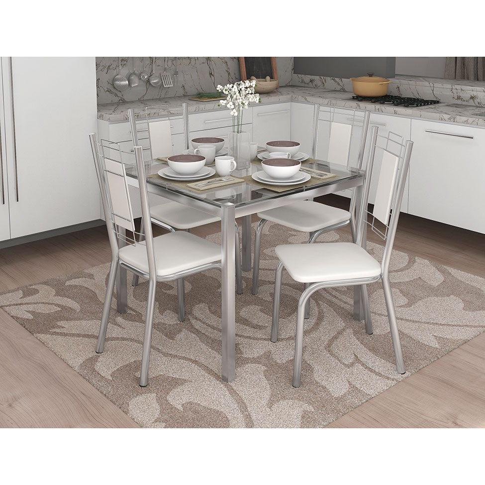 Conjunto de Mesa com 4 Cadeiras Eduardo Cromado e Branco