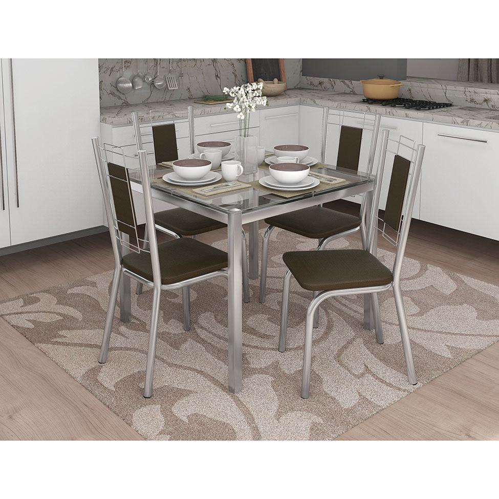 Conjunto de Mesa com 4 Cadeiras Guilherme Cromado e Marrom