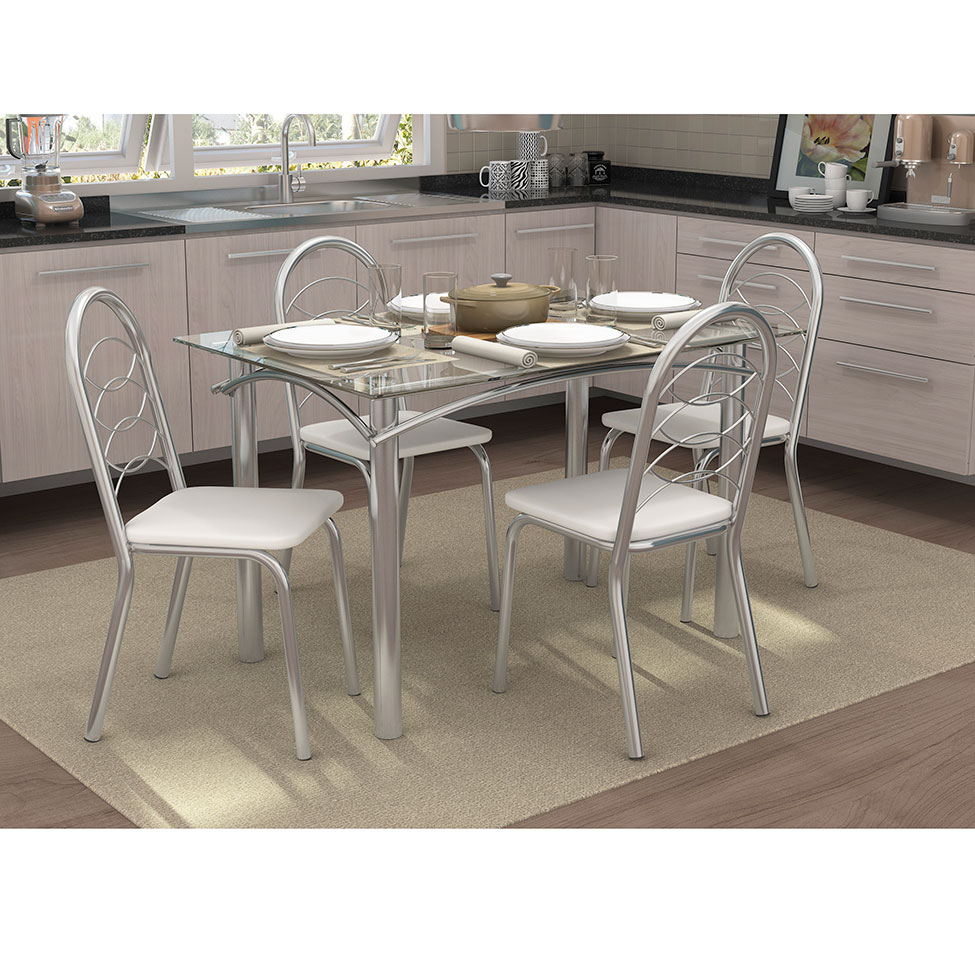 Conjunto de Mesa com 4 Cadeiras Miriam Cromado e Branco