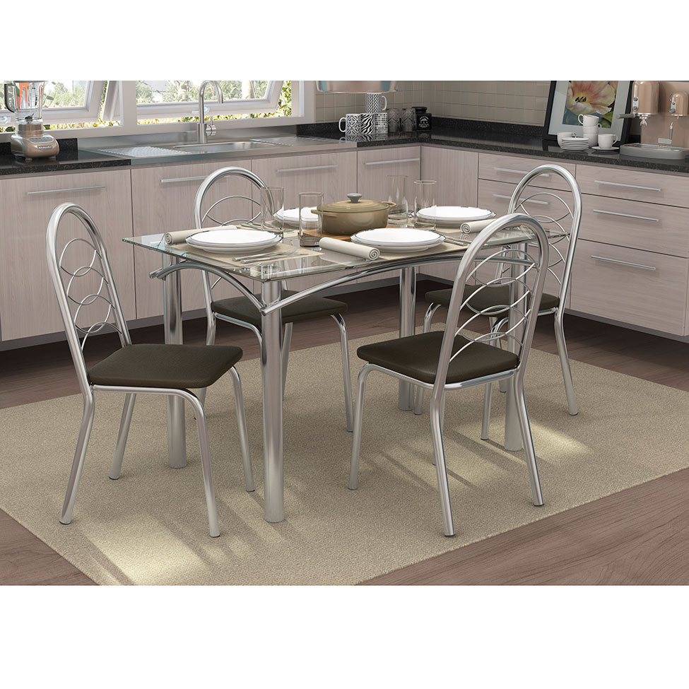 Conjunto de Mesa com 4 Cadeiras Star Cromado e Marrom