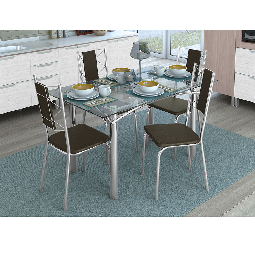 Conjunto de Mesa com 4 Cadeiras Ysabeau Cromado e Marrom