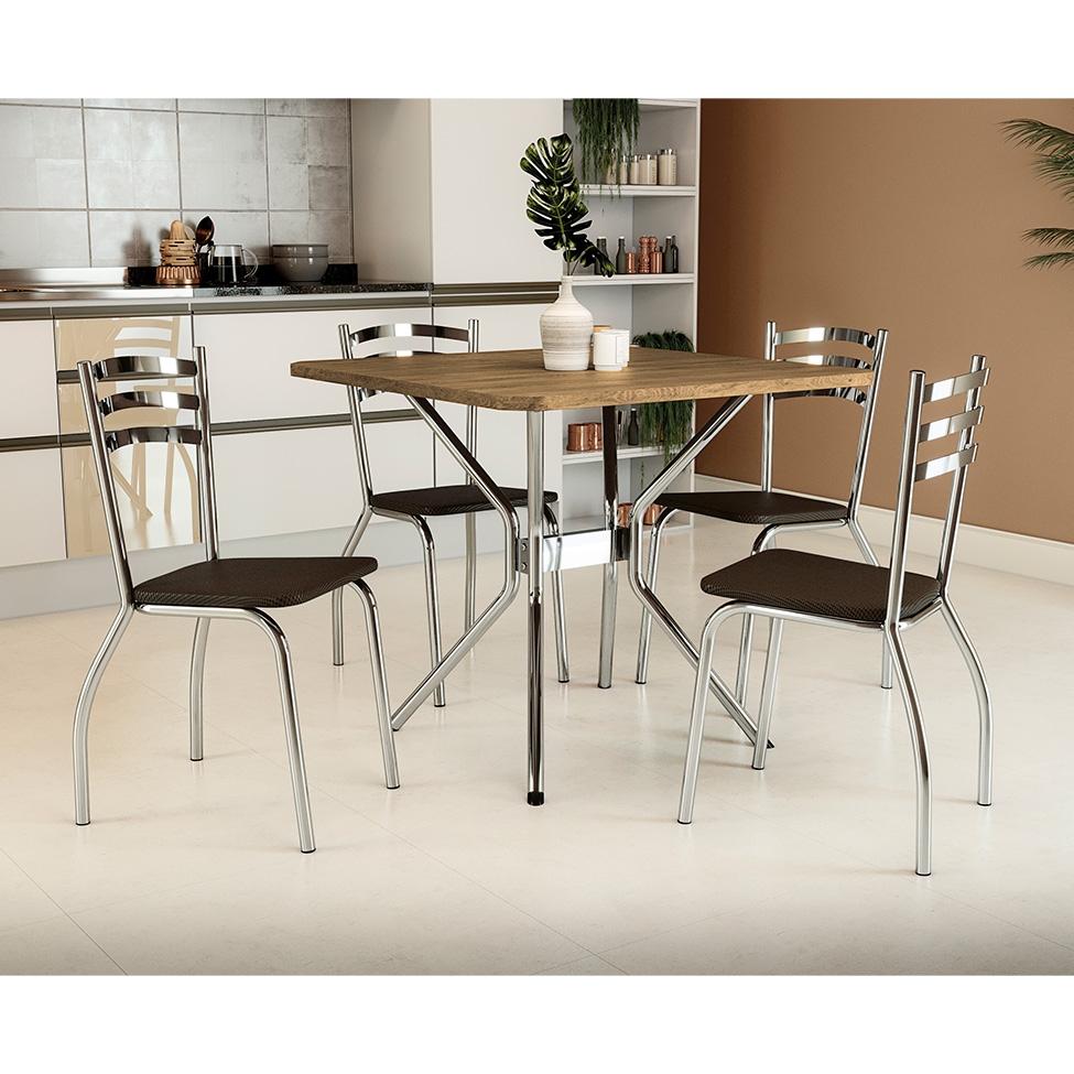 Conjunto de Mesa de Cozinha Quadrada com Tampo MDP e 4 Cadeiras Monique Corino Marrom Escuro e Cromado