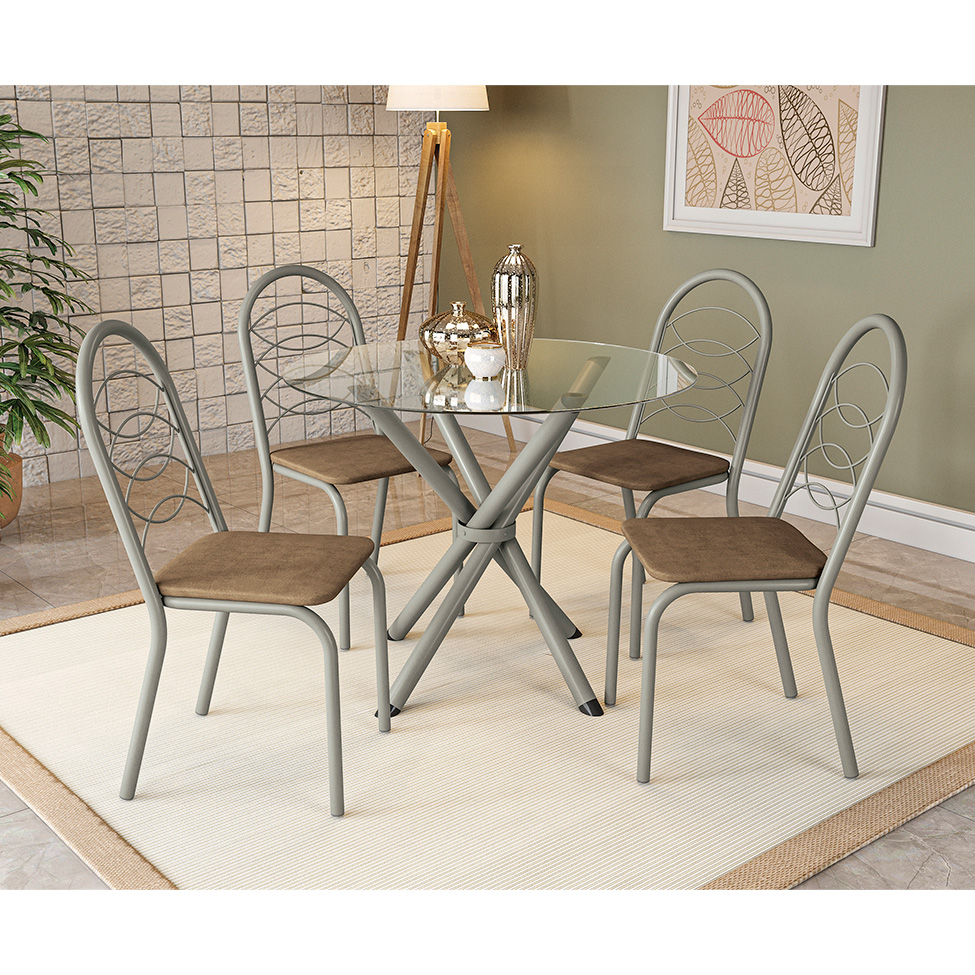 Conjunto de Mesa de Cozinha Redonda com Tampo de Vidro e 4 Cadeiras Monika Corino Marrom e Nikel
