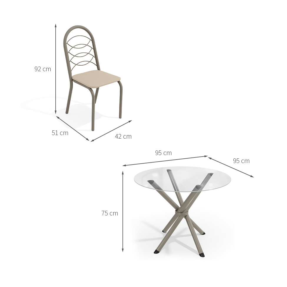 Conjunto de Mesa de Cozinha Redonda com Tampo de Vidro e 4 Cadeiras Monika Corino Off White e Nikel