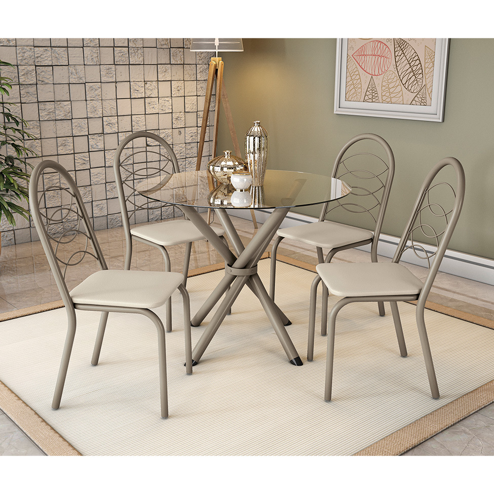 Conjunto de Mesa de Cozinha Redonda com Tampo de Vidro e 4 Cadeiras Monika Corino Off White e Nikel