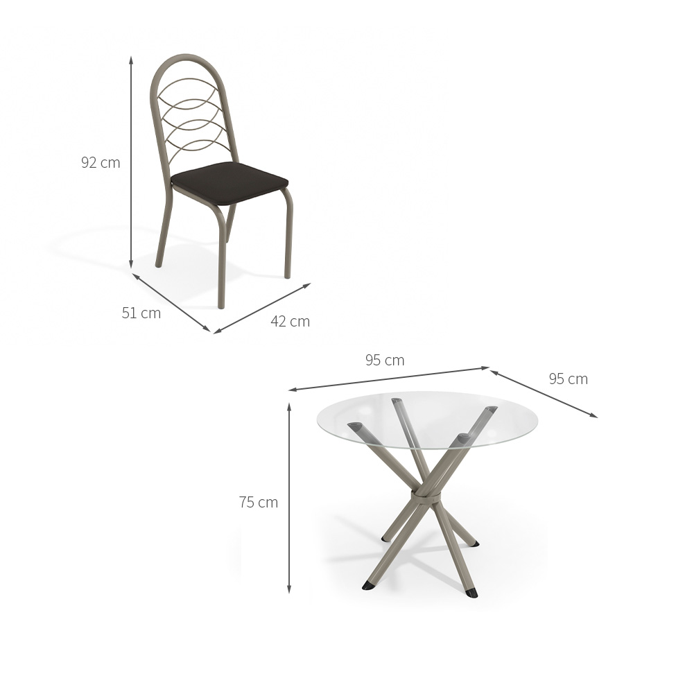 Conjunto de Mesa de Cozinha Redonda com Tampo de Vidro e 4 Cadeiras Monika Corino Preto e Nikel