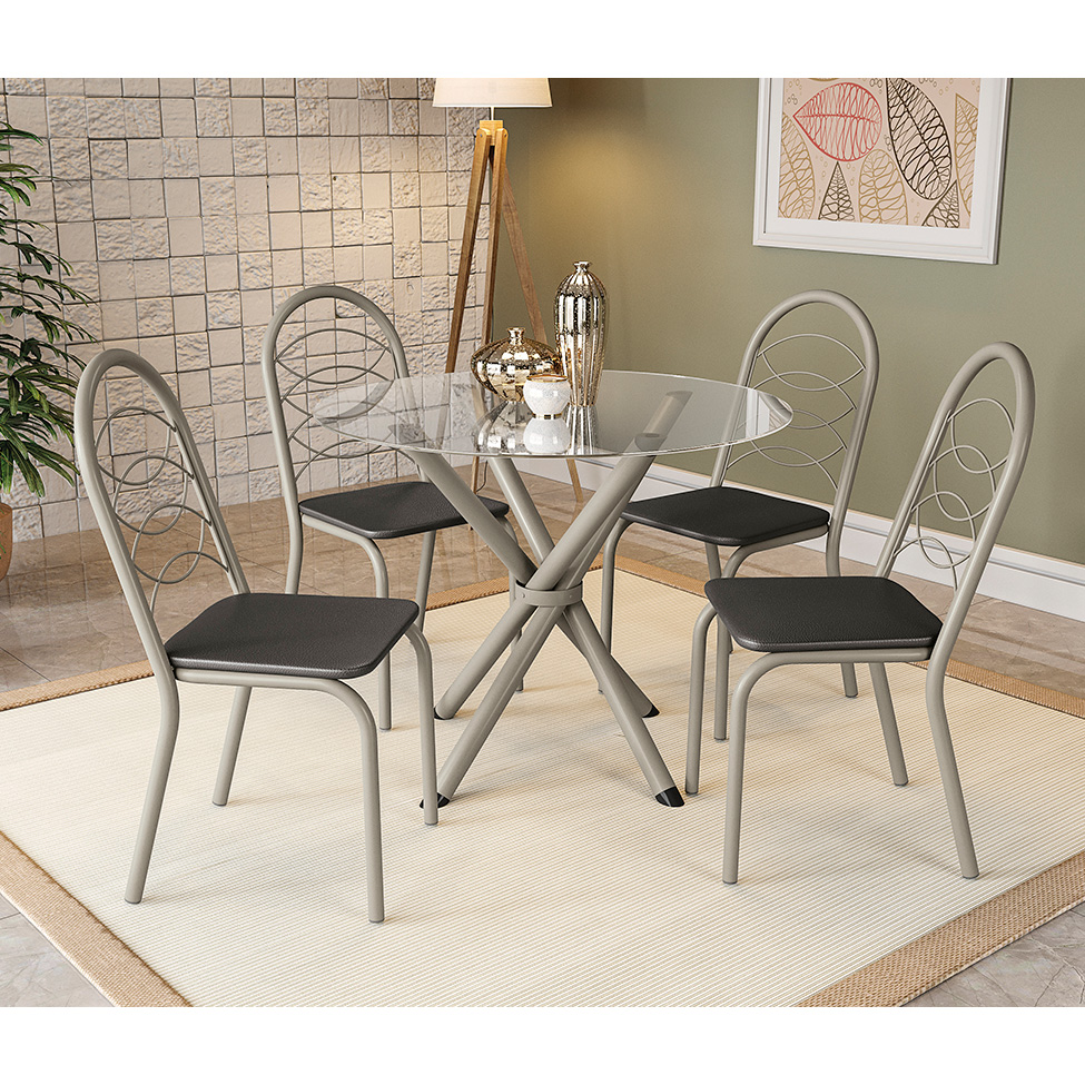 Conjunto de Mesa de Cozinha Redonda com Tampo de Vidro e 4 Cadeiras Monika Corino Preto e Nikel