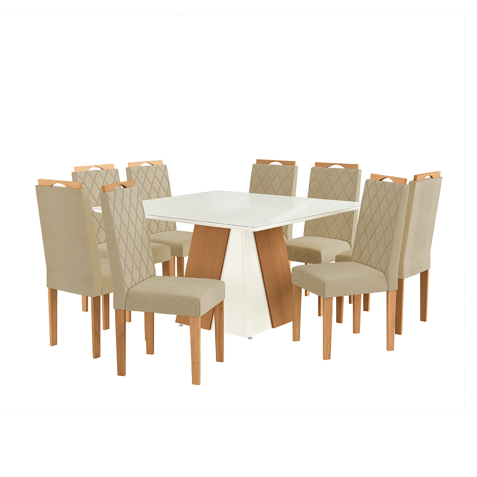 Conjunto de Mesa de Jantar Quadrada com Tampo de Vidro Off White e 8 Cadeiras Dalia Bouclé Bege e Eucalipto
