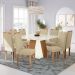 Conjunto de Mesa de Jantar Quadrada com Tampo de Vidro Off White e 8 Cadeiras Dalia Bouclé Bege e Eucalipto
