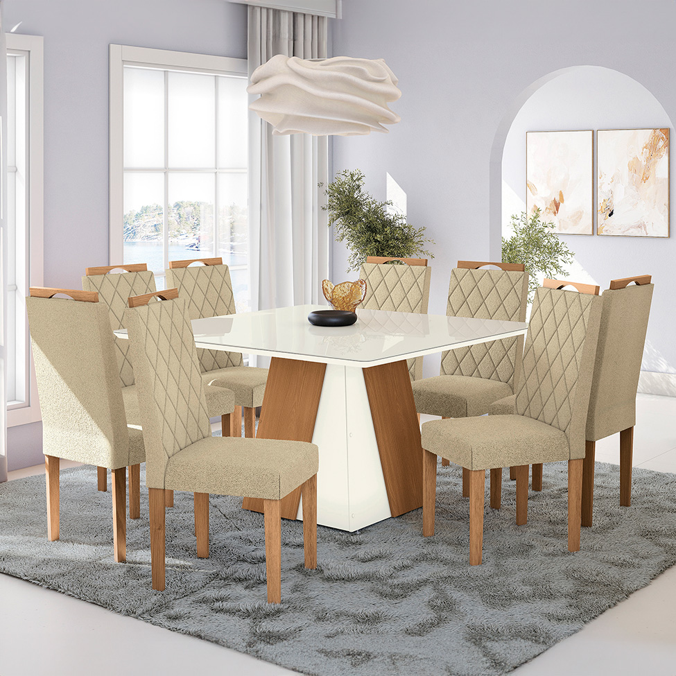 Conjunto de Mesa de Jantar Quadrada com Tampo de Vidro Off White e 8 Cadeiras Dalia Bouclé Bege e Eucalipto
