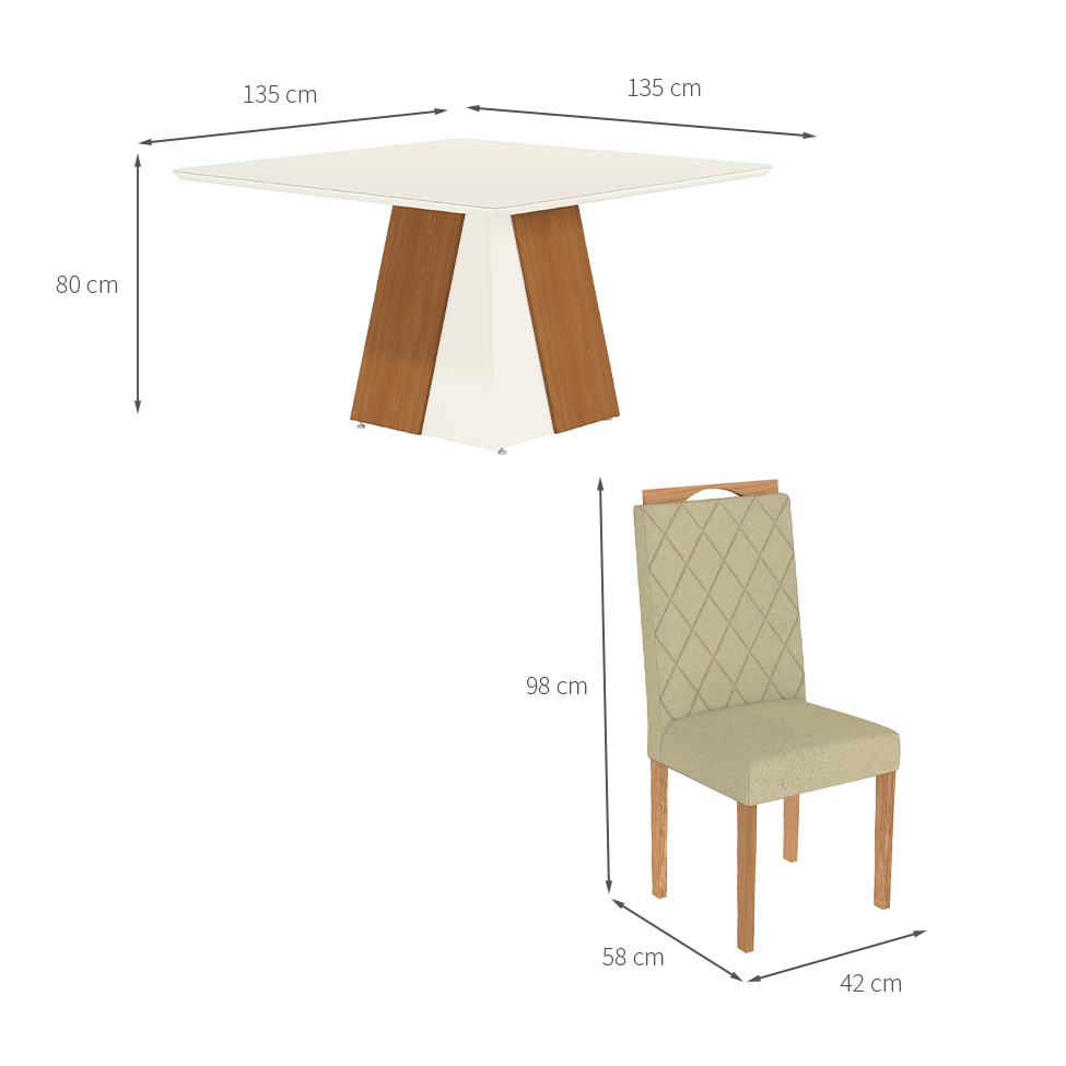 Conjunto de Mesa de Jantar Quadrada com Tampo de Vidro Off White e 8 Cadeiras Dalia Bouclé Bege e Eucalipto