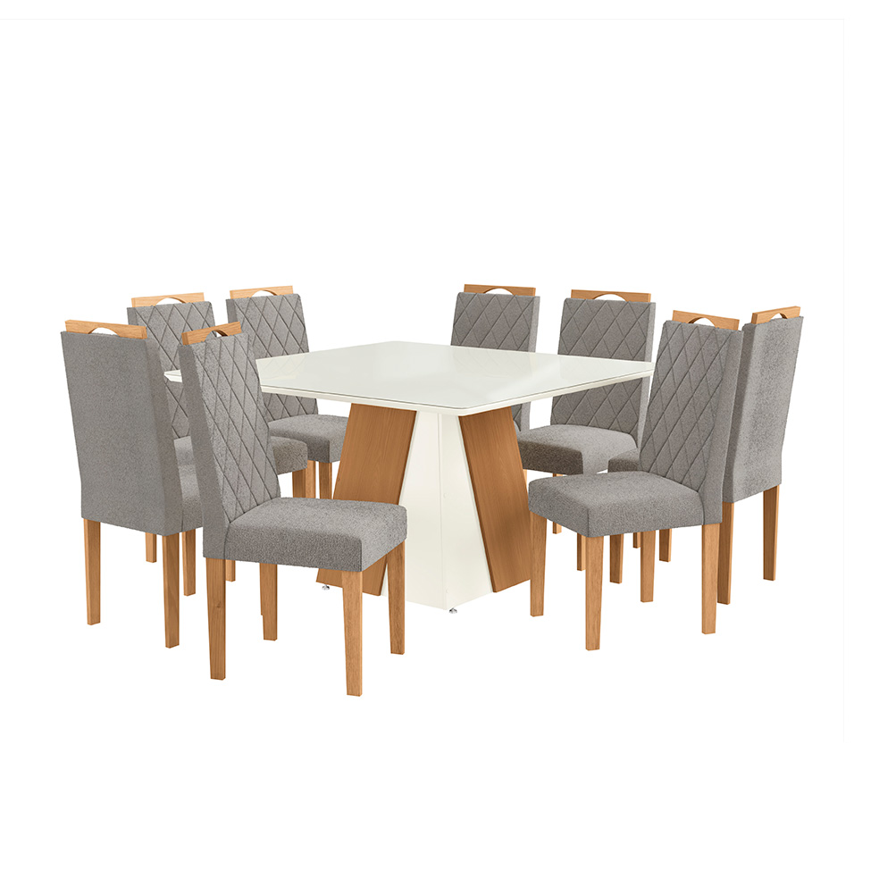 Conjunto de Mesa de Jantar Quadrada com Tampo de Vidro Off White e 8 Cadeiras Dalia Bouclé Cinza e Eucalipto