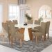 Conjunto de Mesa de Jantar Quadrada com Tampo de Vidro Off White e 8 Cadeiras Dalia Bouclé Fendi e Eucalipto