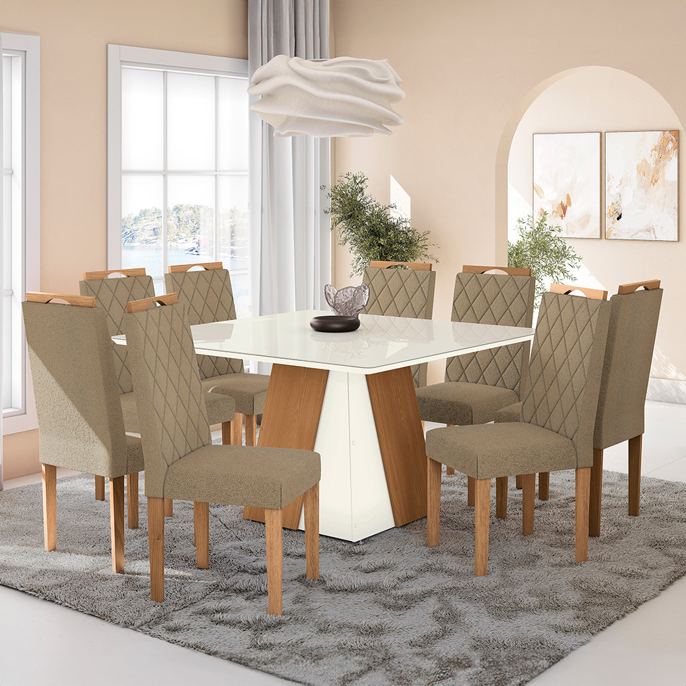 Conjunto de Mesa de Jantar Quadrada com Tampo de Vidro Off White e 8 Cadeiras Dalia Bouclé Fendi e Eucalipto