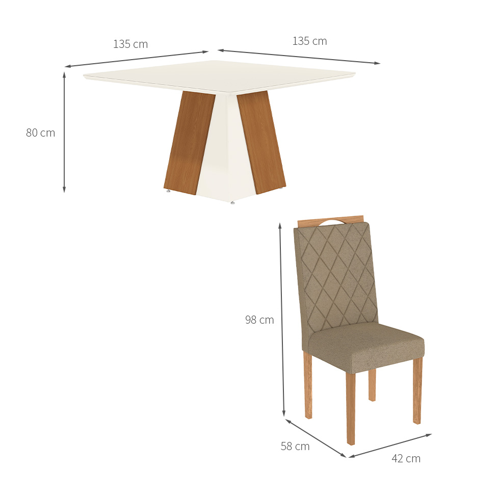 Conjunto de Mesa de Jantar Quadrada com Tampo de Vidro Off White e 8 Cadeiras Dalia Bouclé Fendi e Eucalipto