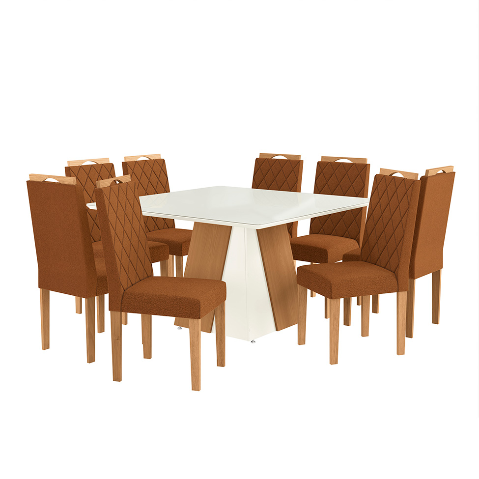 Conjunto de Mesa de Jantar Quadrada com Tampo de Vidro Off White e 8 Cadeiras Dalia Bouclé Terracota e Eucalipto