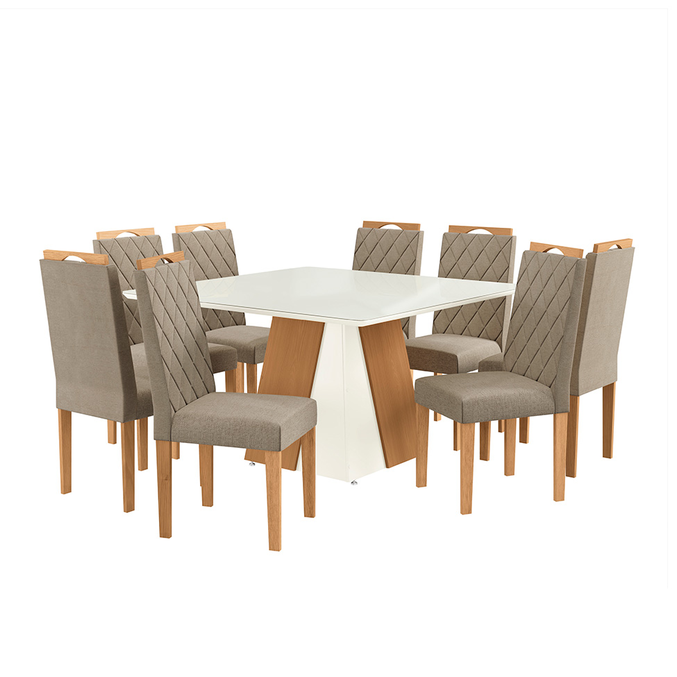 Conjunto de Mesa de Jantar Quadrada com Tampo de Vidro Off White e 8 Cadeiras Dalia Linho Amêndoa e Eucalipto