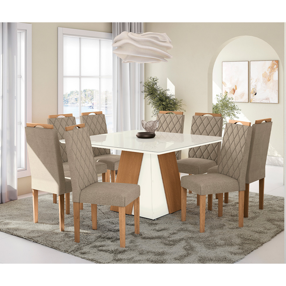 Conjunto de Mesa de Jantar Quadrada com Tampo de Vidro Off White e 8 Cadeiras Dalia Linho Amêndoa e Eucalipto