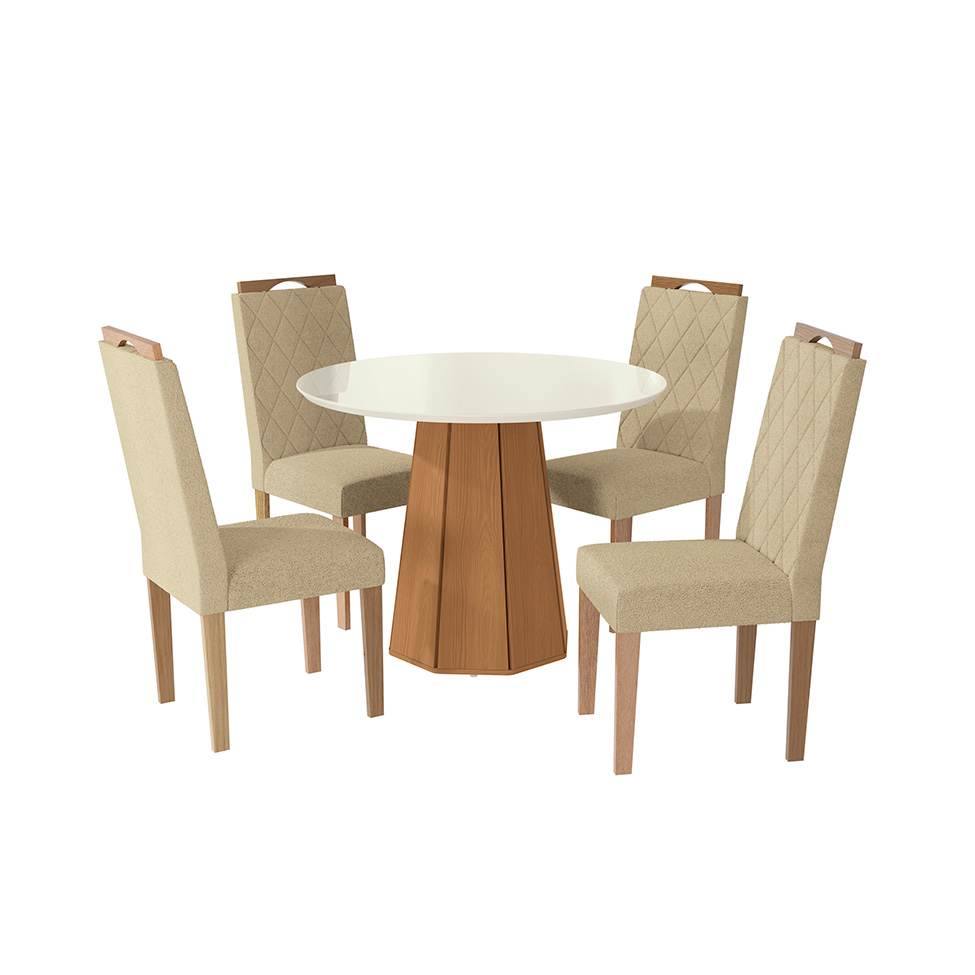 Conjunto de Mesa de Jantar Redonda com Tampo de Vidro Off White e 4 Cadeiras Jade Bouclé Bege e Eucalipto