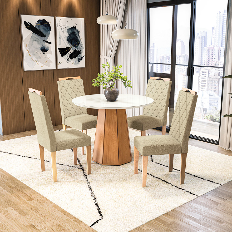 Conjunto de Mesa de Jantar Redonda com Tampo de Vidro Off White e 4 Cadeiras Jade Bouclé Bege e Eucalipto