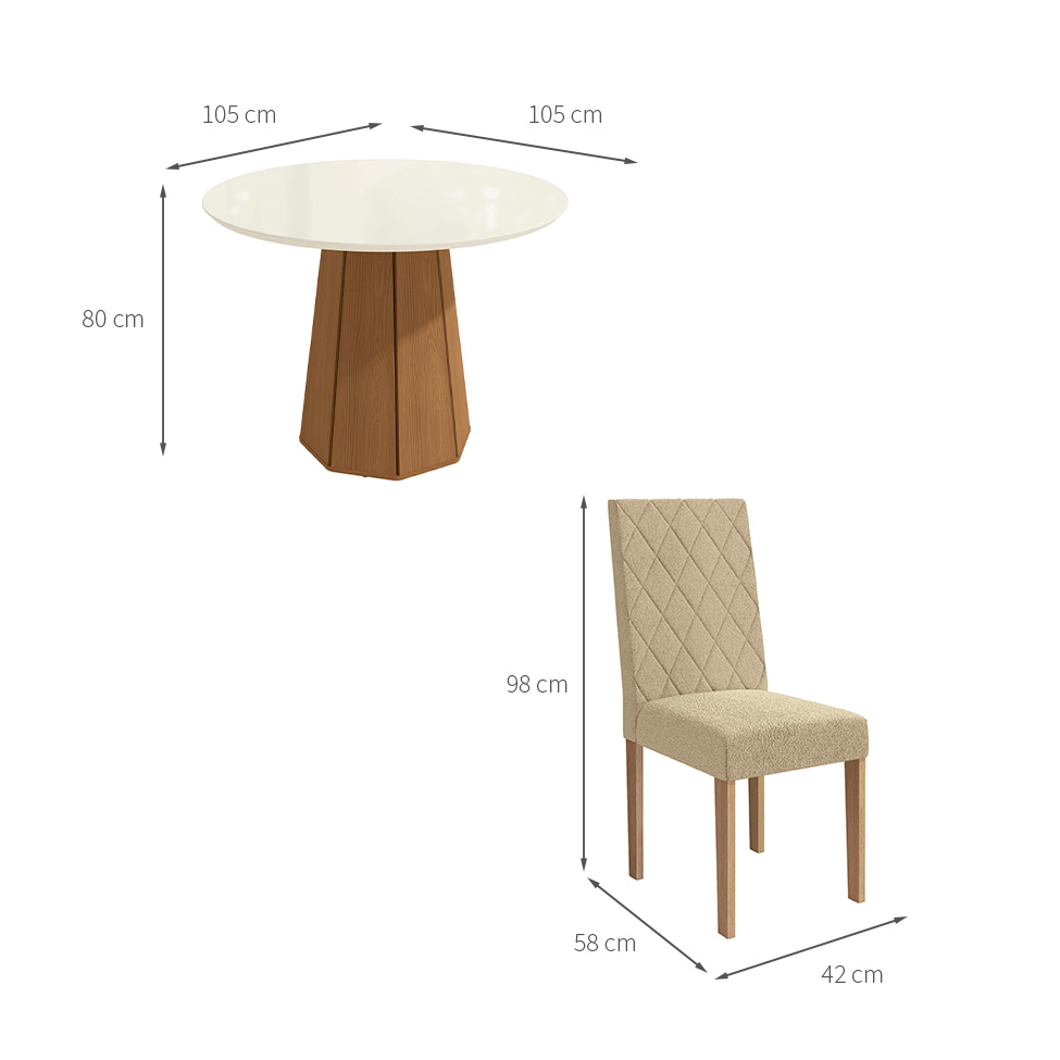 Conjunto de Mesa de Jantar Redonda com Tampo de Vidro Off White e 4 Cadeiras Jade Bouclé Bege e Eucalipto