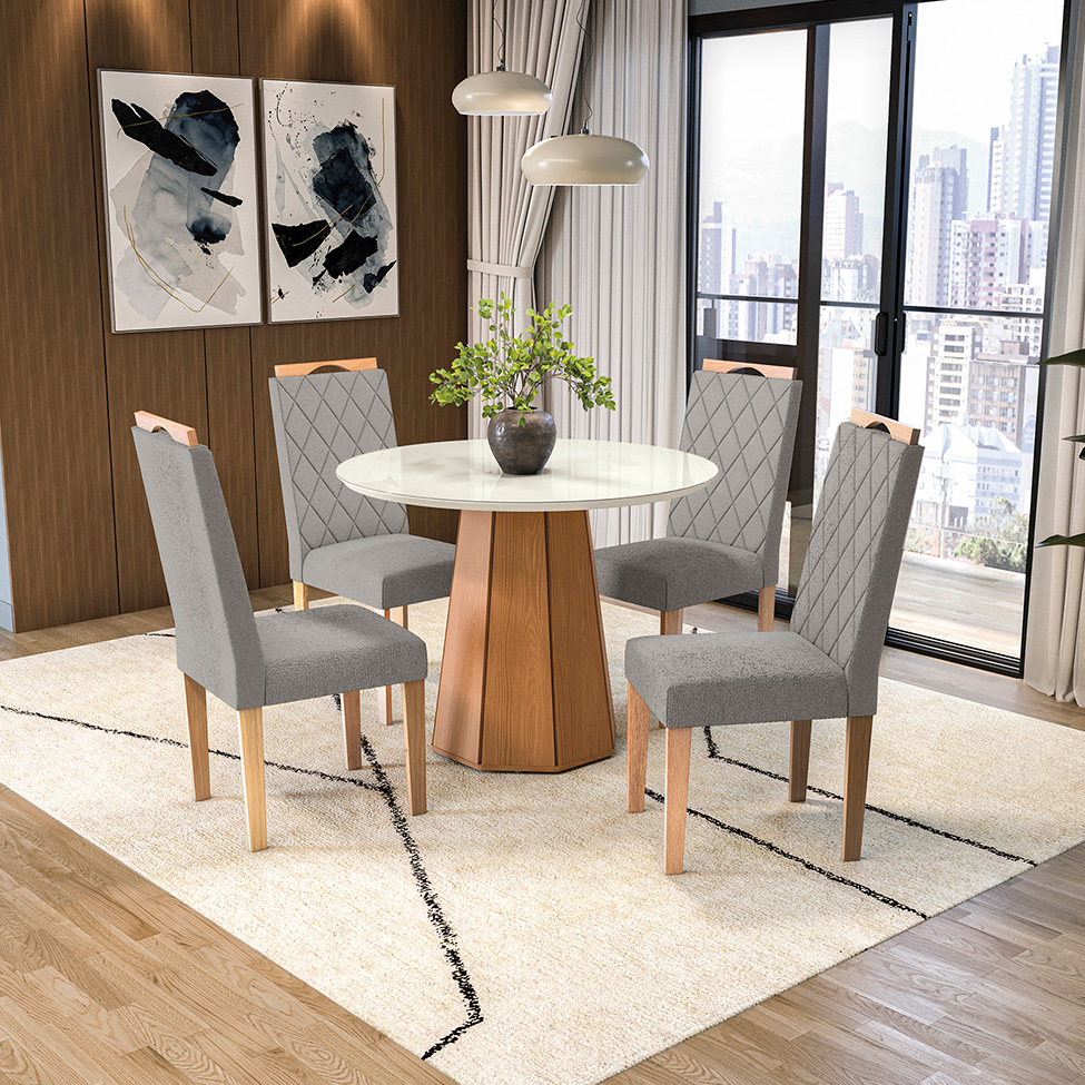 Conjunto de Mesa de Jantar Redonda com Tampo de Vidro Off White e 4 Cadeiras Jade Bouclé Cinza e Eucalipto