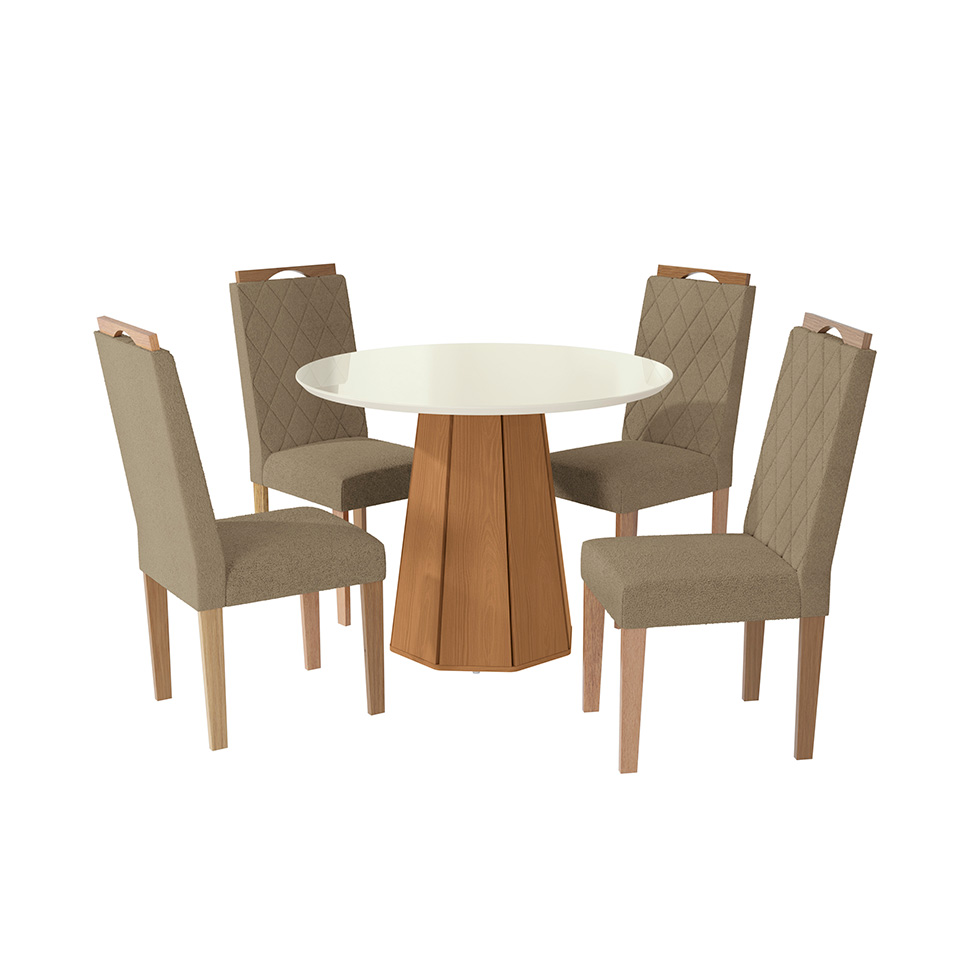Conjunto de Mesa de Jantar Redonda com Tampo de Vidro Off White e 4 Cadeiras Jade Bouclé Fendi e Eucalipto