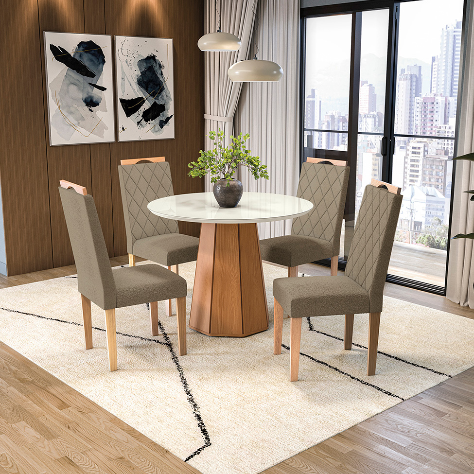 Conjunto de Mesa de Jantar Redonda com Tampo de Vidro Off White e 4 Cadeiras Jade Bouclé Fendi e Eucalipto