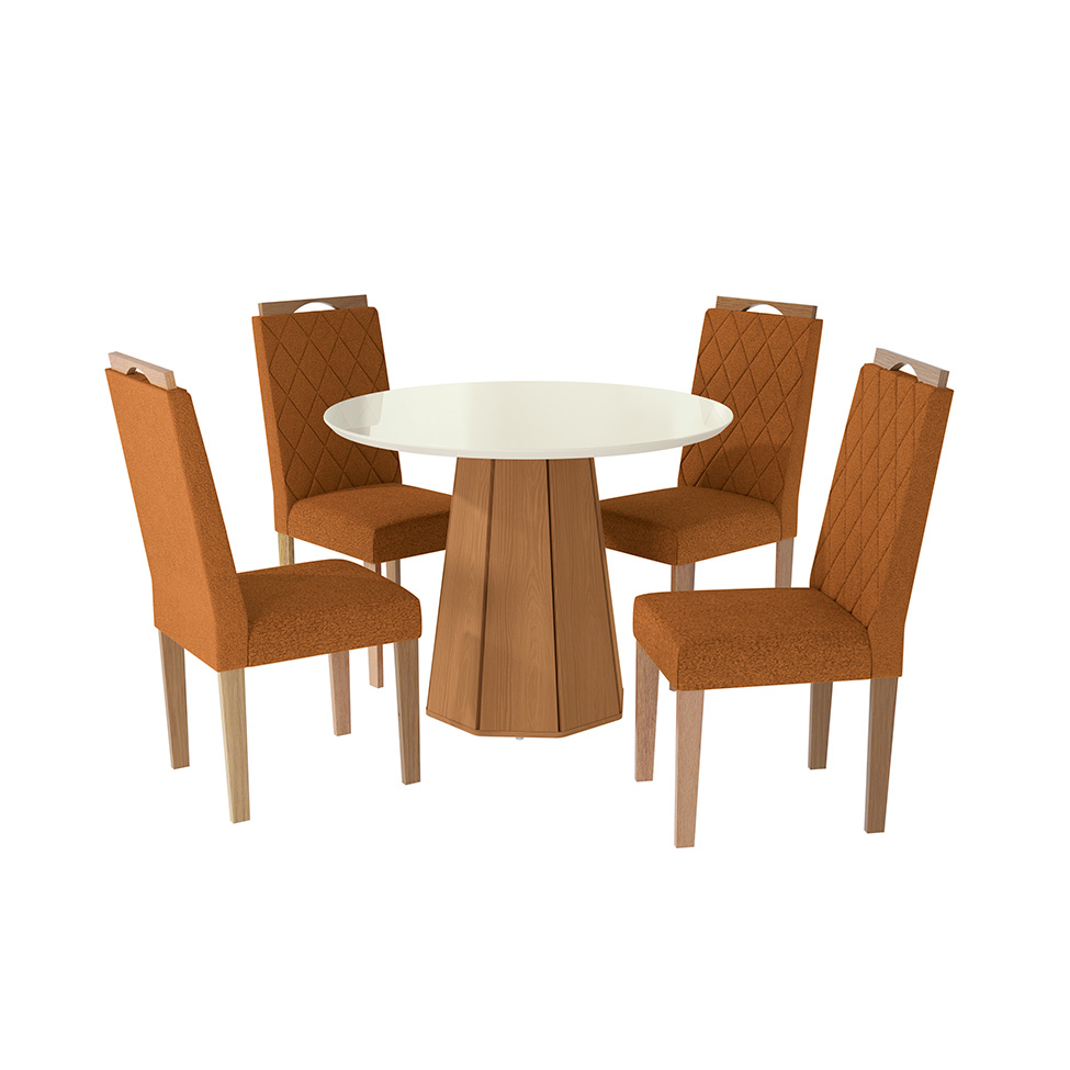 Conjunto de Mesa de Jantar Redonda com Tampo de Vidro Off White e 4 Cadeiras Jade Bouclé Terracota e Eucalipto