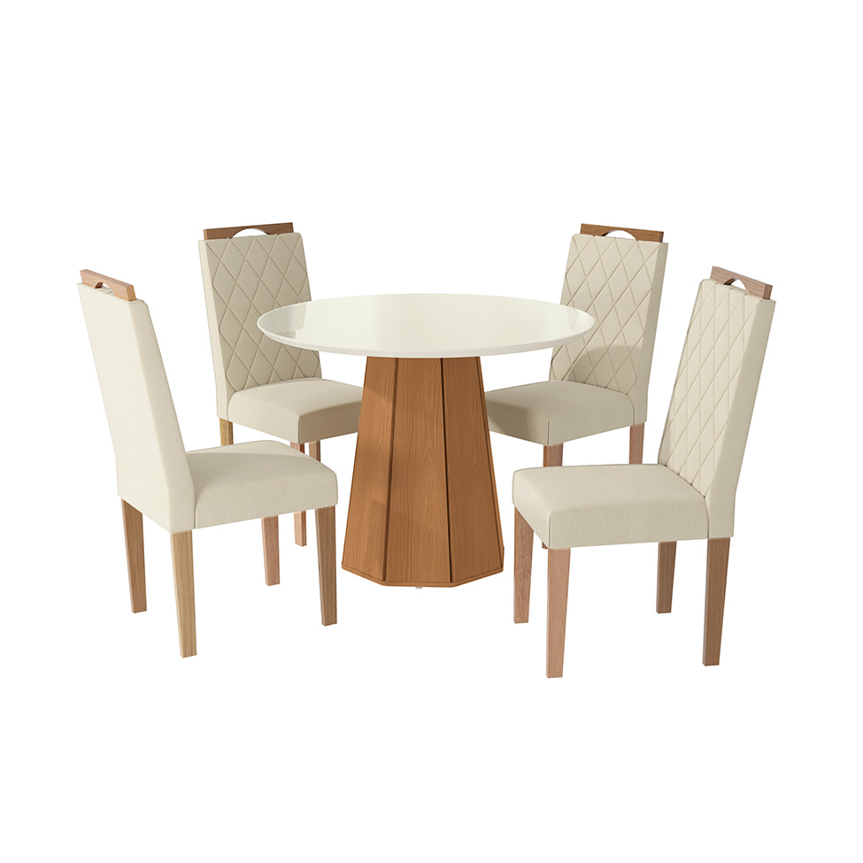 Conjunto de Mesa de Jantar Redonda com Tampo de Vidro Off White e 4 Cadeiras Jade Linho Areia e Eucalipto